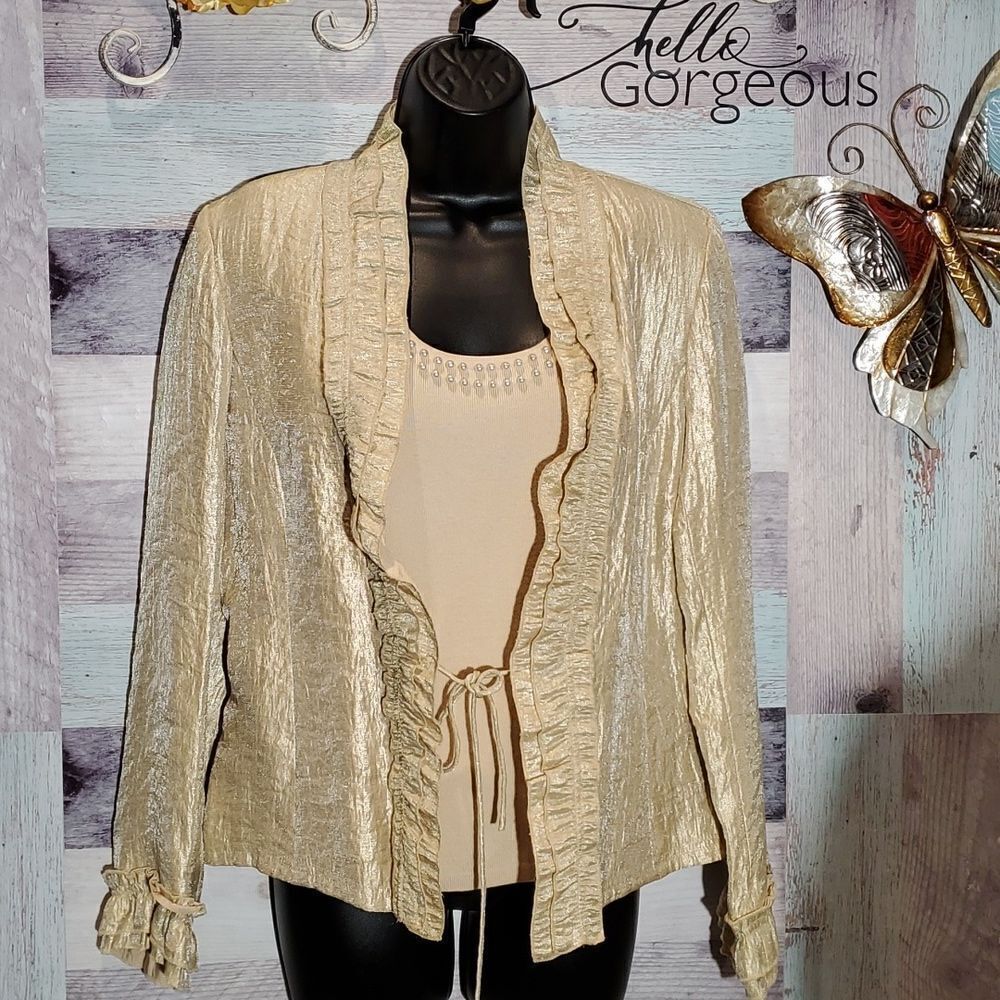 Rafael Shimmery Gold Metallic Tank & Jacket Combo Sz M/8 Party Twofer Fancy 823